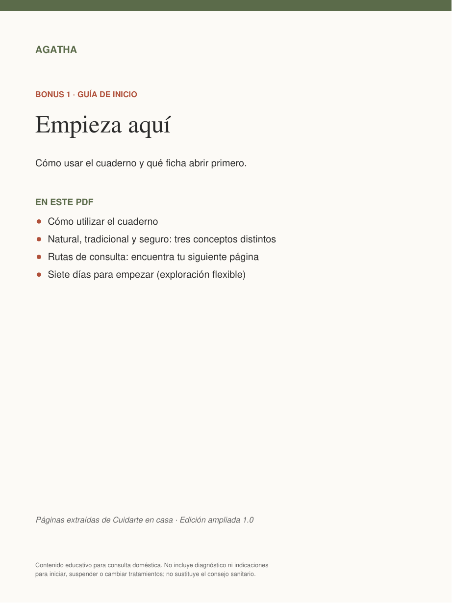 Portada del Bonus 1 · Empieza aquí, incluido con Cuidarte en casa