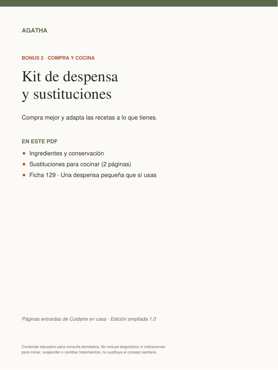 Portada del Bonus 2 · Despensa y sustituciones, incluido con Cuidarte en casa
