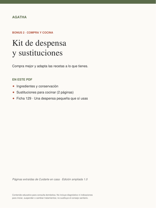 Portada del Bonus 2 · Despensa y sustituciones, incluido con Cuidarte en casa