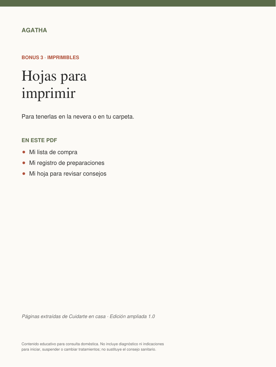 Portada del Bonus 3 · Imprimibles, incluido con Cuidarte en casa