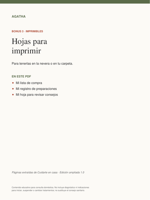 Portada del Bonus 3 · Imprimibles, incluido con Cuidarte en casa